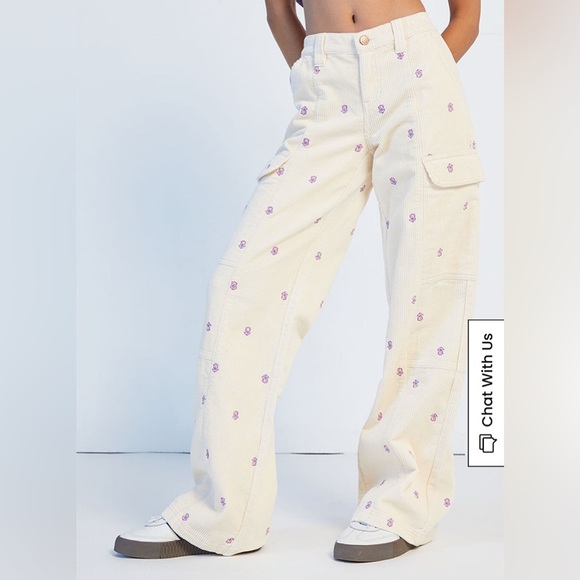 Pacsun Off White Embroidered Corduroy Low Rise Puddle Pants XS - Picture 2 of 13